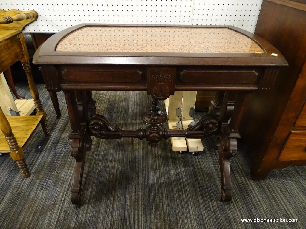 (R1) ANTIQUE WALNUT VICTORIAN MARBLE TOP CENTER TABLE WITH DRAWER; HIGHLY CARVED LEGS AND STRETCHER
