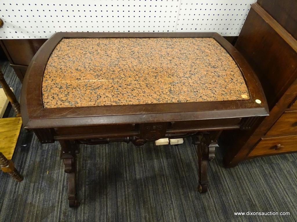 (R1) ANTIQUE WALNUT VICTORIAN MARBLE TOP CENTER TABLE WITH DRAWER; HIGHLY CARVED LEGS AND STRETCHER