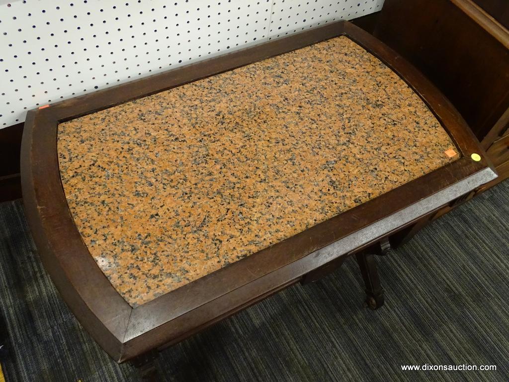 (R1) ANTIQUE WALNUT VICTORIAN MARBLE TOP CENTER TABLE WITH DRAWER; HIGHLY CARVED LEGS AND STRETCHER