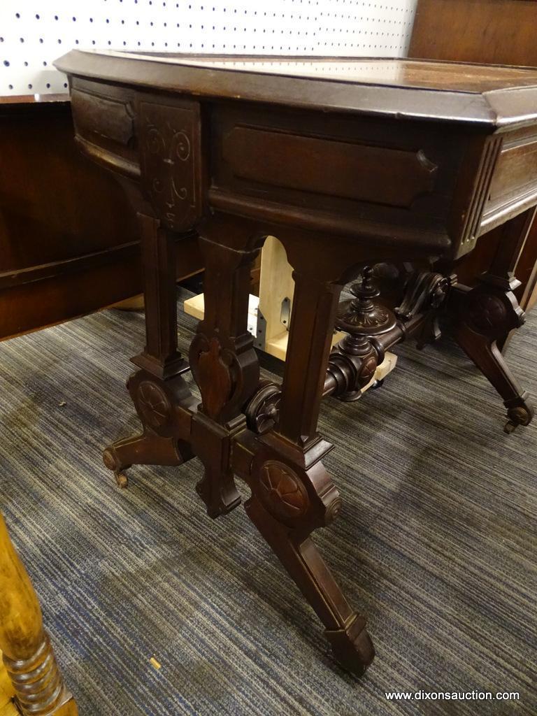 (R1) ANTIQUE WALNUT VICTORIAN MARBLE TOP CENTER TABLE WITH DRAWER; HIGHLY CARVED LEGS AND STRETCHER