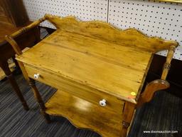 (R1) POPLAR WASHSTAND; HAS DOUBLE TOWEL BAR AND A BACKSPLASH. HAS A SINGLE DOVETAIL DRAWER WITH