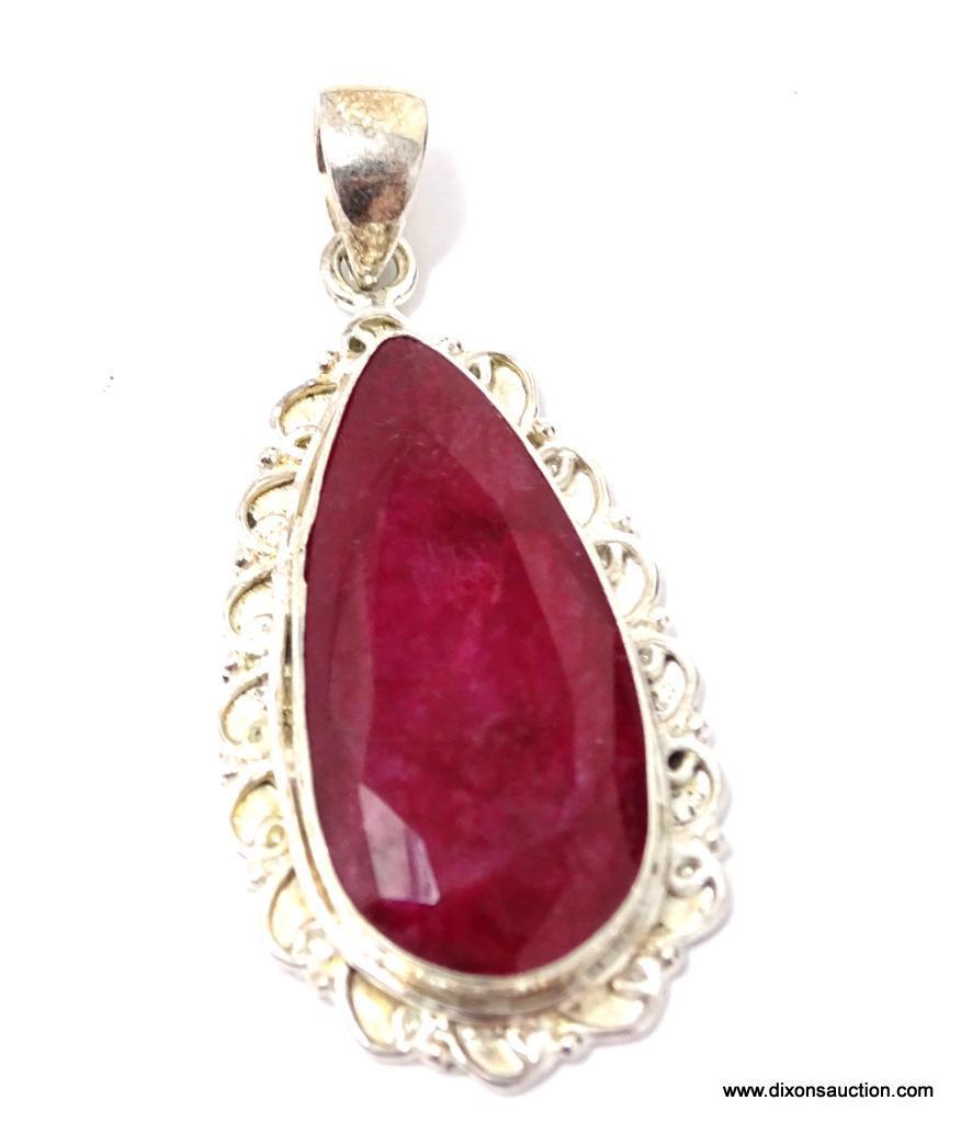 .925 STERLING AND RUBY PENDANT: NEW 1 1/2" BEAUTIFUL LARGE, DETAILED, FACETED NATURAL AFRICAN RED