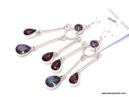 .925 GEMSTONE EARRINGS; NEW 3 1/2" GORGEOUS AAA TOP QUALITY DESIGNER AMETHYST AND MYSTIC TOPAZ