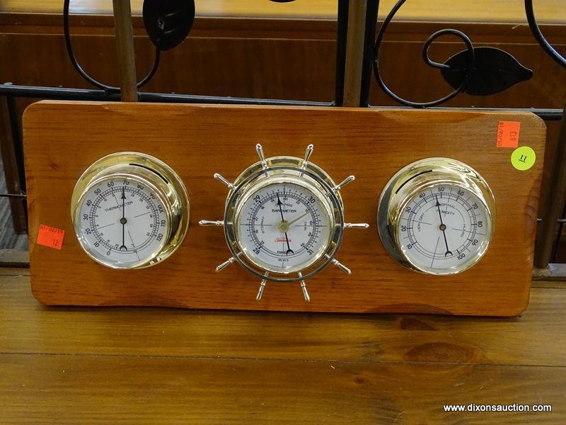 (R1) HANGING WEATHER STATION WITH BAROMETER, THERMOMETER, AND HYGROMETER; HAS SHIP WHEEL SHAPED