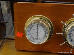 (R1) HANGING WEATHER STATION WITH BAROMETER, THERMOMETER, AND HYGROMETER; HAS SHIP WHEEL SHAPED