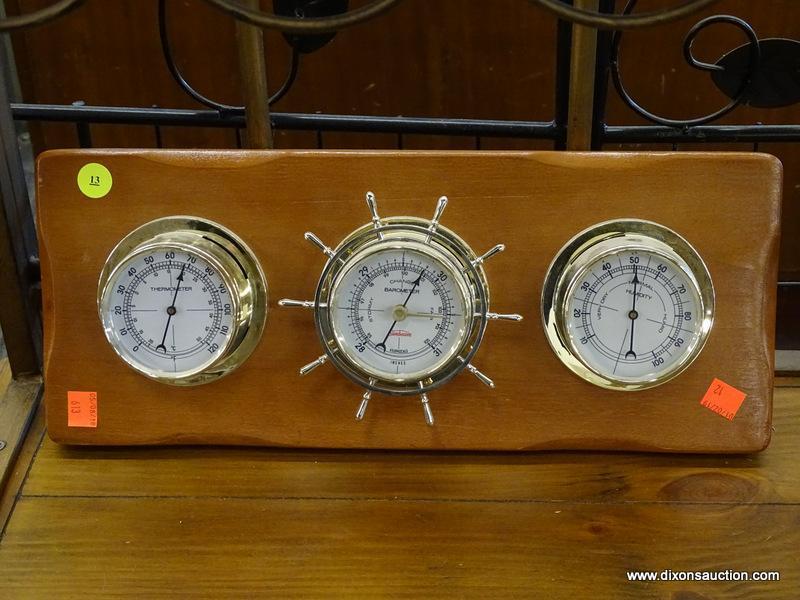 (R1) HANGING WEATHER STATION WITH BAROMETER, THERMOMETER, AND HYGROMETER; HAS SHIP WHEEL SHAPED