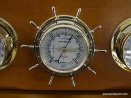 (R1) HANGING WEATHER STATION WITH BAROMETER, THERMOMETER, AND HYGROMETER; HAS SHIP WHEEL SHAPED
