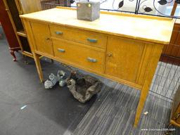 (R1) SERVER; WOODEN SERVER WITH BLUE PAINTED INTERIOR, TWO CENTER DOVETAIL DRAWERS, AND TWO SIDE