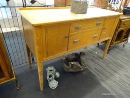 (R1) SERVER; WOODEN SERVER WITH BLUE PAINTED INTERIOR, TWO CENTER DOVETAIL DRAWERS, AND TWO SIDE