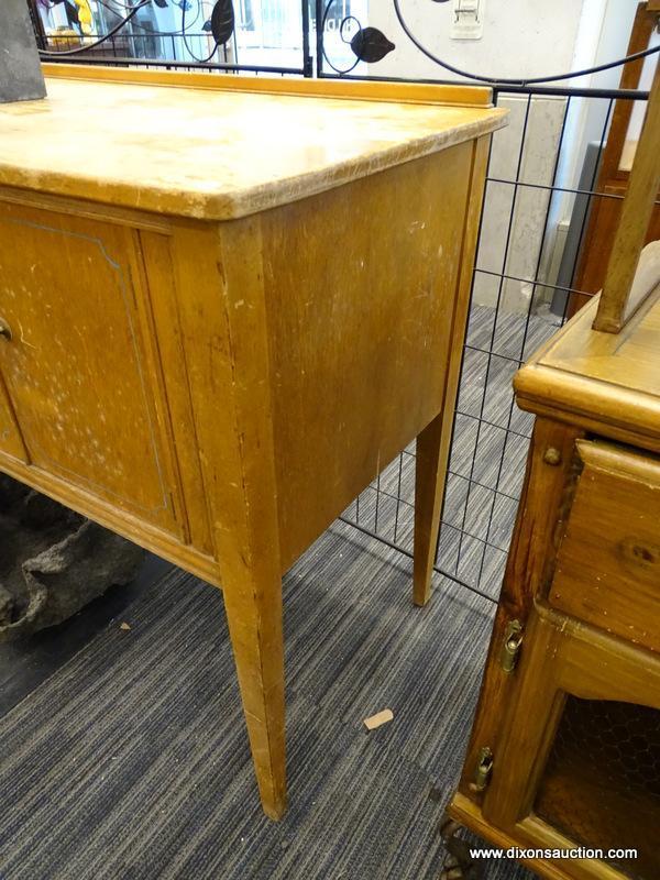 (R1) SERVER; WOODEN SERVER WITH BLUE PAINTED INTERIOR, TWO CENTER DOVETAIL DRAWERS, AND TWO SIDE