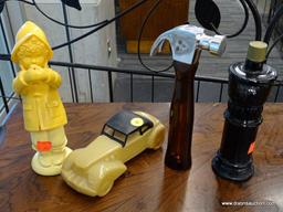 (R1) LOT OF AVON; FOUR PIECE LOT TO INCLUDE AN OLD TIMEY CAR, A HAMMER, A KID AND RAINCOAT, AND WIND