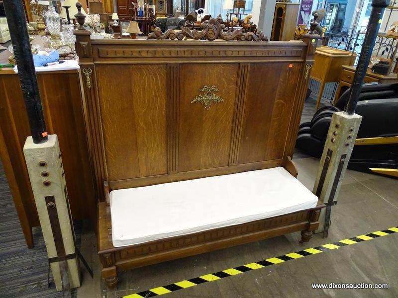 (R2) WOODEN CHURCH PEW; HAS REEDED DETAILING, ORNATE SCROLLING AT THE TOP, AND A WHITE BENCH