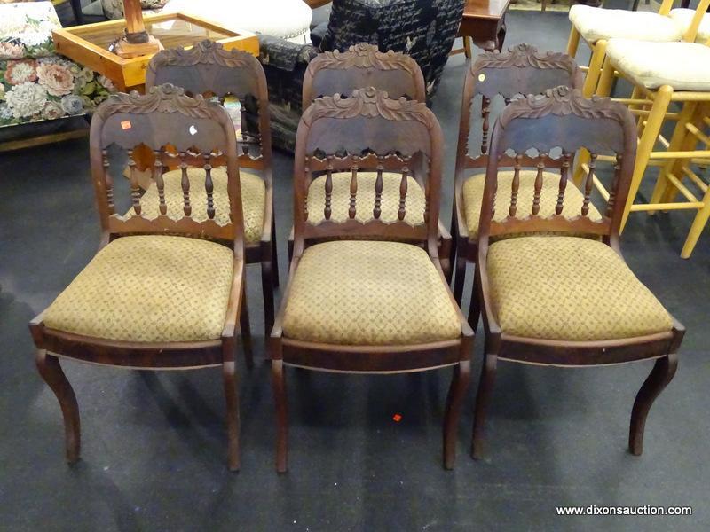 (R2) WALNUT SIDE CHAIRS; SET OF 6 EMPIRE STYLE SIDE CHAIRS WITH SPINDLE BACK AND LEAF CARVED