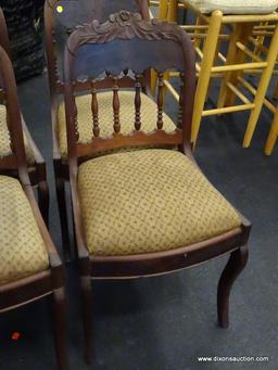 (R2) WALNUT SIDE CHAIRS; SET OF 6 EMPIRE STYLE SIDE CHAIRS WITH SPINDLE BACK AND LEAF CARVED