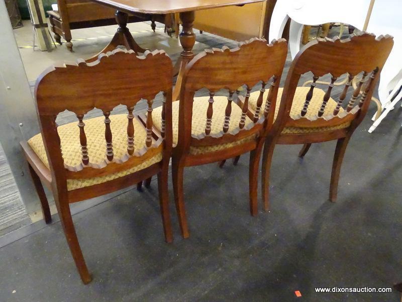 (R2) WALNUT SIDE CHAIRS; SET OF 6 EMPIRE STYLE SIDE CHAIRS WITH SPINDLE BACK AND LEAF CARVED