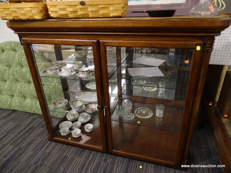 CHINA CABINET TOP; WOODEN, CHINA CABINET TOP PIECE WITH 2 BEVELED GLASS DOORS THAT OPEN TO REVEAL 2