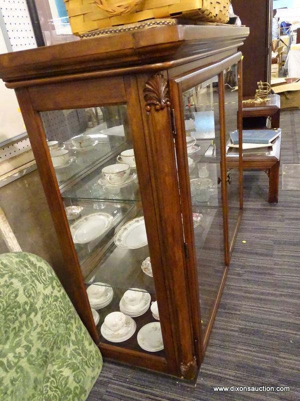 CHINA CABINET TOP; WOODEN, CHINA CABINET TOP PIECE WITH 2 BEVELED GLASS DOORS THAT OPEN TO REVEAL 2