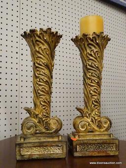 (R1) COMPOSITE CANDLE HOLDERS; SET OF 2 COMPOSITE, LEAF AND SCROLL DETAILED CANDLE HOLDERS. MEASURES