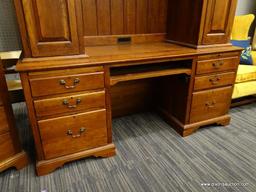 (R1) DESK WITH HUTCH; 2 PC., WOODEN, KNEE-HOLE DESK WITH HUTCH. HUTCH HAS DENTAL DETAILING MOLDING,