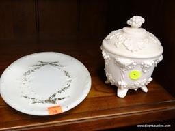 (R1) MILK GLASS CHINA; TWO PIECE LOT TO INCLUDE A MILK GLASS SERVING PLATTER AND LIDDED CANDY BOWL.