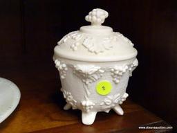 (R1) MILK GLASS CHINA; TWO PIECE LOT TO INCLUDE A MILK GLASS SERVING PLATTER AND LIDDED CANDY BOWL.