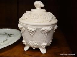 (R1) MILK GLASS CHINA; TWO PIECE LOT TO INCLUDE A MILK GLASS SERVING PLATTER AND LIDDED CANDY BOWL.