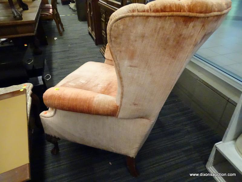 (WINDOW) SHELL BACK ARMCHAIR; PINK UPHOLSTERED CLOTH, SHELL BACK, WING BACK ARM CHAIR WITH 1 ARM