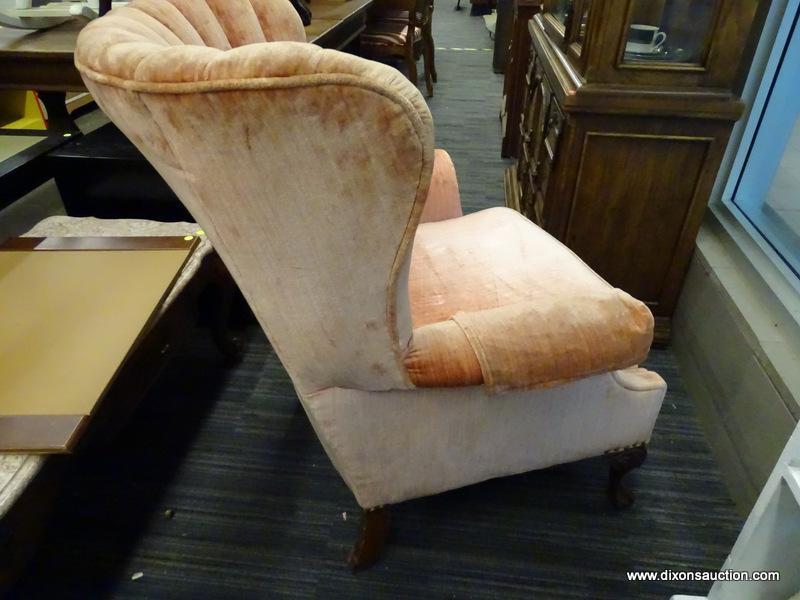 (WINDOW) SHELL BACK ARMCHAIR; PINK UPHOLSTERED CLOTH, SHELL BACK, WING BACK ARM CHAIR WITH 1 ARM
