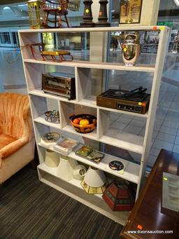 (WINDOW) DISPLAY SHELF; WHITE PAINTED, WOODEN, 6 SHELF DISPLAY SHELF WITH PINK AND BLUE ACCENTS. HAS