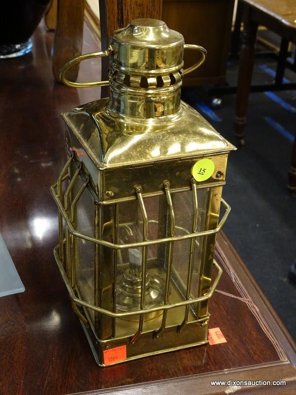 (WINDOW) BRASS OIL LANTERN; ANTIQUE STYLE OIL LANTERN WITH A POLISHED BRASS FINISH.