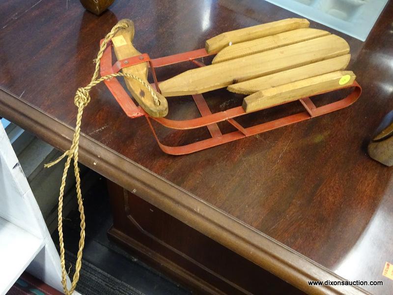 (WINDOW) DECORATIVE SLED; MINIATURE, VINTAGE STYLE SNOW SLED. MEASURES 15 IN X 6 IN X 5 IN.