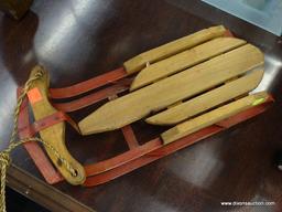 (WINDOW) DECORATIVE SLED; MINIATURE, VINTAGE STYLE SNOW SLED. MEASURES 15 IN X 6 IN X 5 IN.