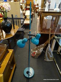 (WINDOW) FLOOR LAMP; TEAL, METAL FLOOR LAMP WITH 2 HEIGHT AND ANGLE ADJUSTABLE FIXTURES. MEASURES 56