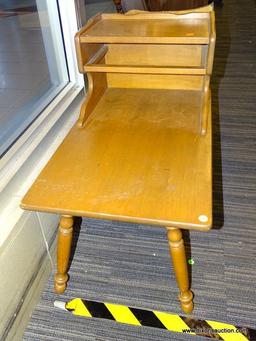(WINDOW) TIERED END TABLE; WOODEN END TABLE WITH A TOP SHELF AND CUBBY (CUBBY NEEDS SHELF). HAS