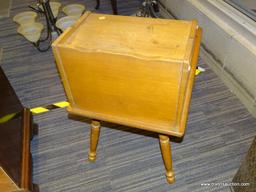 (WINDOW) TIERED END TABLE; WOODEN END TABLE WITH A TOP SHELF AND CUBBY (CUBBY NEEDS SHELF). HAS