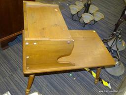 (WINDOW) TIERED END TABLE; WOODEN END TABLE WITH A TOP SHELF AND CUBBY (CUBBY NEEDS SHELF). HAS