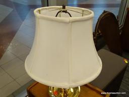 (WINDOW) FRENCH HORN TABLE LAMP; BRASS TABLE LAMP WITH A SAUCER SHAPED BASE AND A TURNED POLE STEM