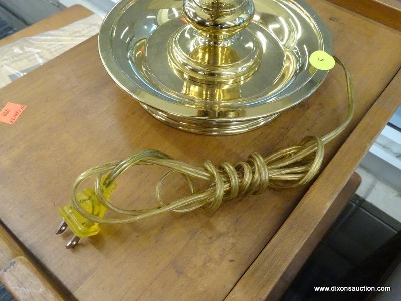 (WINDOW) FRENCH HORN TABLE LAMP; BRASS TABLE LAMP WITH A SAUCER SHAPED BASE AND A TURNED POLE STEM