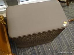 (WINDOW) BURLINGTON LAUNDRY BASKET; BROWN WICKER CLOTHES HAMPER. HAS A RIP ON THE FRONT RIGHT FABRIC