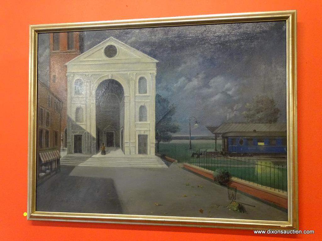 FRAMED HENRY WOLF OIL ON CANVAS; "TRAIN STATION" BY HENRY WOLF WAS PAINTED IN 1980. THIS PIECE SHOWS