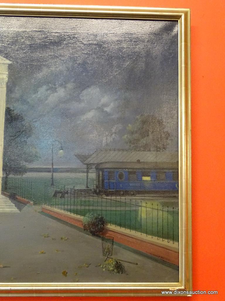 FRAMED HENRY WOLF OIL ON CANVAS; "TRAIN STATION" BY HENRY WOLF WAS PAINTED IN 1980. THIS PIECE SHOWS