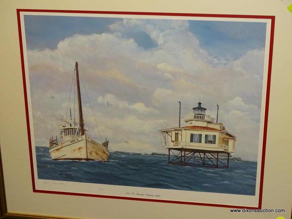 JOAN MANNELL FRAMED PRINT; "NORA W. PASSING STINGRAY LIGHT" BY JOAN MANNELL SHOWS AN OLD, RUSTING
