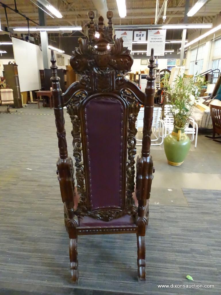 LORD RAFFLES LION THRONE CHAIR; LARGE RED LEATHER BOUND, THRONE CHAIR WITH HAND CARVED SCROLLING