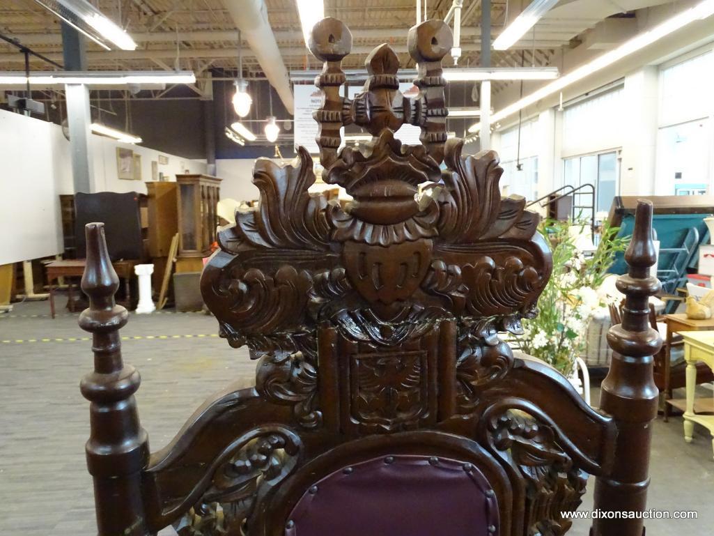 LORD RAFFLES LION THRONE CHAIR; LARGE RED LEATHER BOUND, THRONE CHAIR WITH HAND CARVED SCROLLING