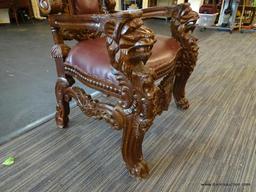 LORD RAFFLES LION THRONE CHAIR; LARGE RED LEATHER BOUND, THRONE CHAIR WITH HAND CARVED SCROLLING