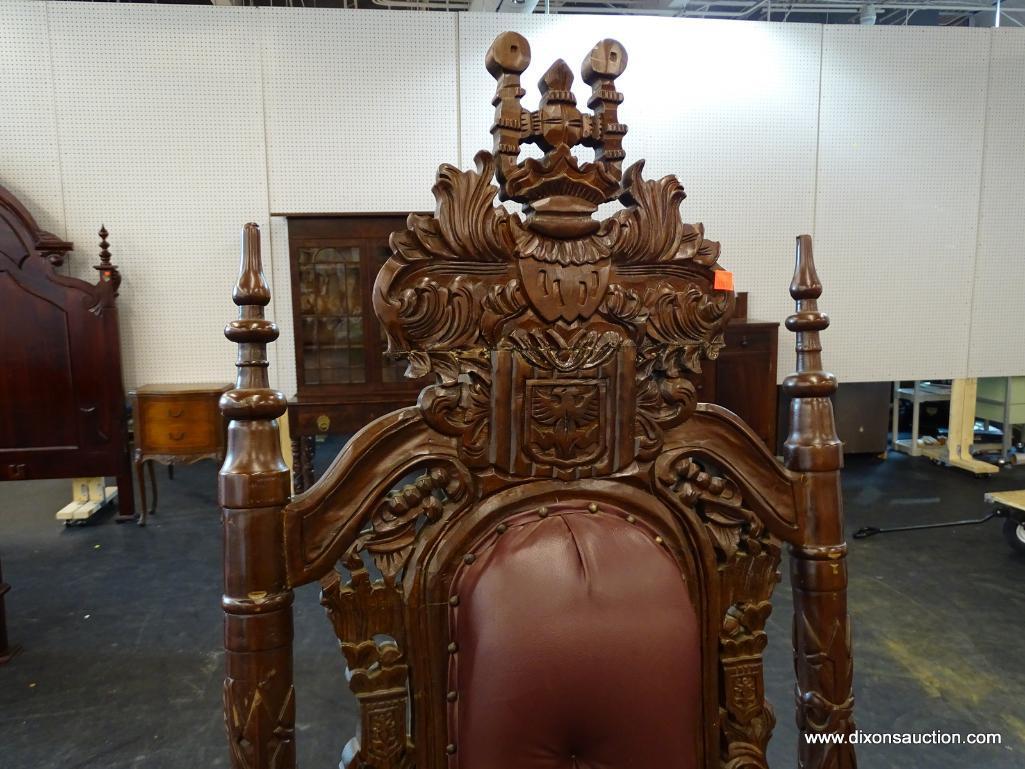 LORD RAFFLES LION THRONE CHAIR; LARGE RED LEATHER BOUND, THRONE CHAIR WITH HAND CARVED SCROLLING