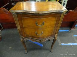 CHESTERFIELD FURNITURE NIGHTSTAND; BOW FRONT, WOODEN NIGHTSTAND WITH 2 DRAWERS, AN INLAID RIM AROUND