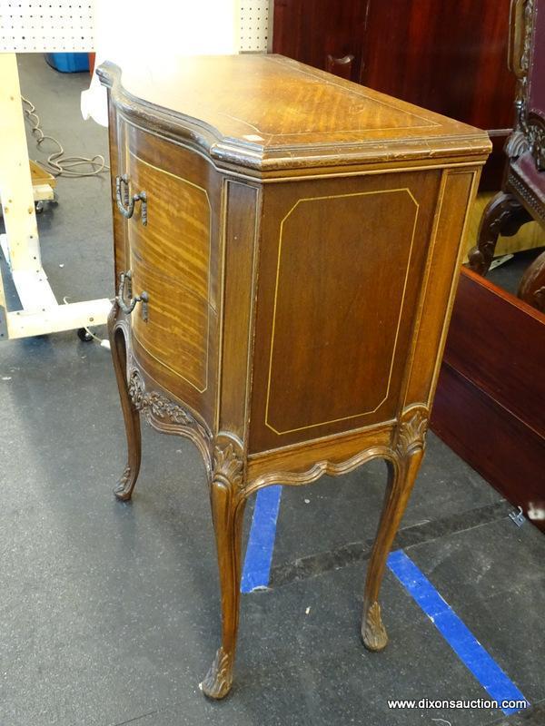 CHESTERFIELD FURNITURE NIGHTSTAND; BOW FRONT, WOODEN NIGHTSTAND WITH 2 DRAWERS, AN INLAID RIM AROUND