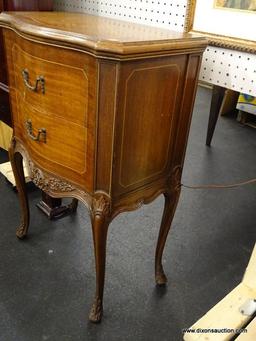 CHESTERFIELD FURNITURE NIGHTSTAND; BOW FRONT, WOODEN NIGHTSTAND WITH 2 DRAWERS, AN INLAID RIM AROUND