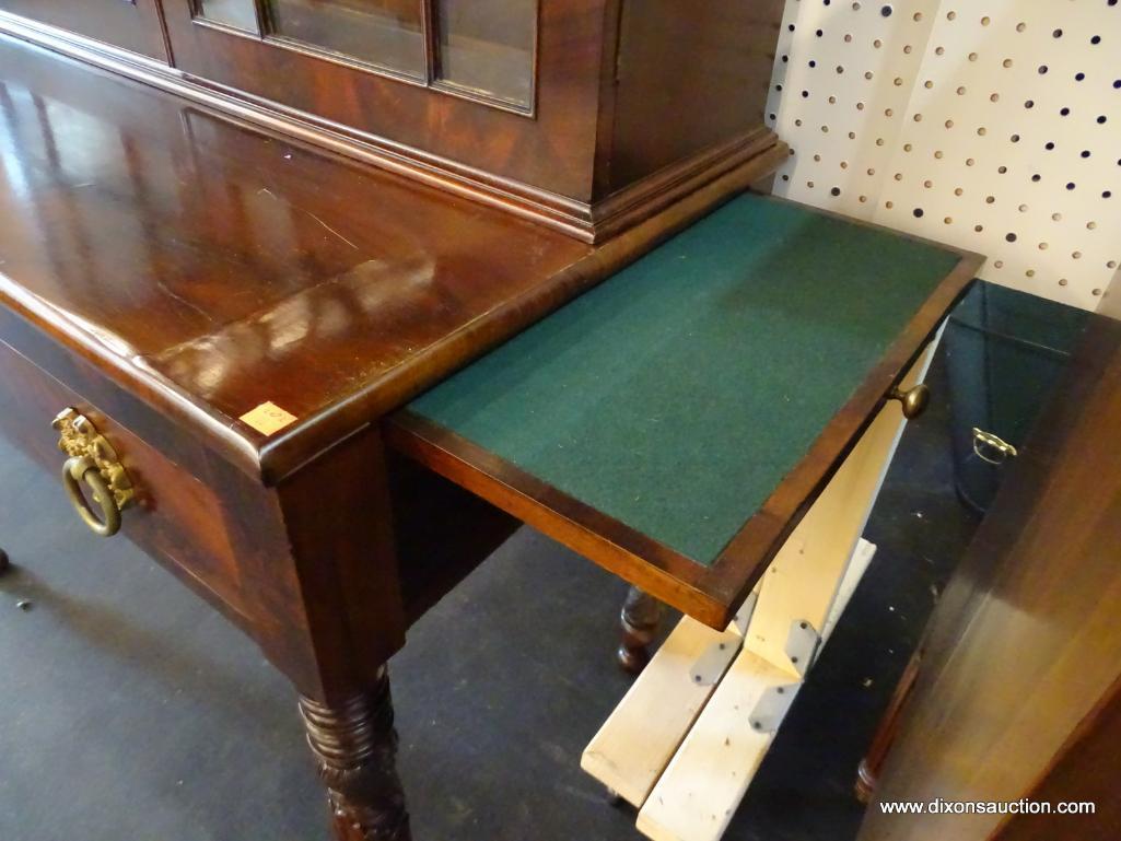 EXQUISITE FLAME MAHOGANY PULL OUT DRAWER WRITING DESK WITH A 24 PANE BOOKCASE TOP. VERY RARE. FROM